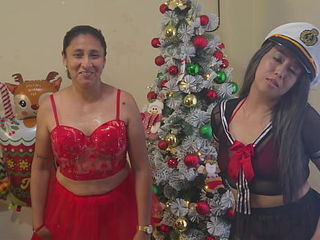 The best Christmas threesome - Two horny stepdaughters celebrate Christmas by fucking their perverted stepfather for Christmas presents